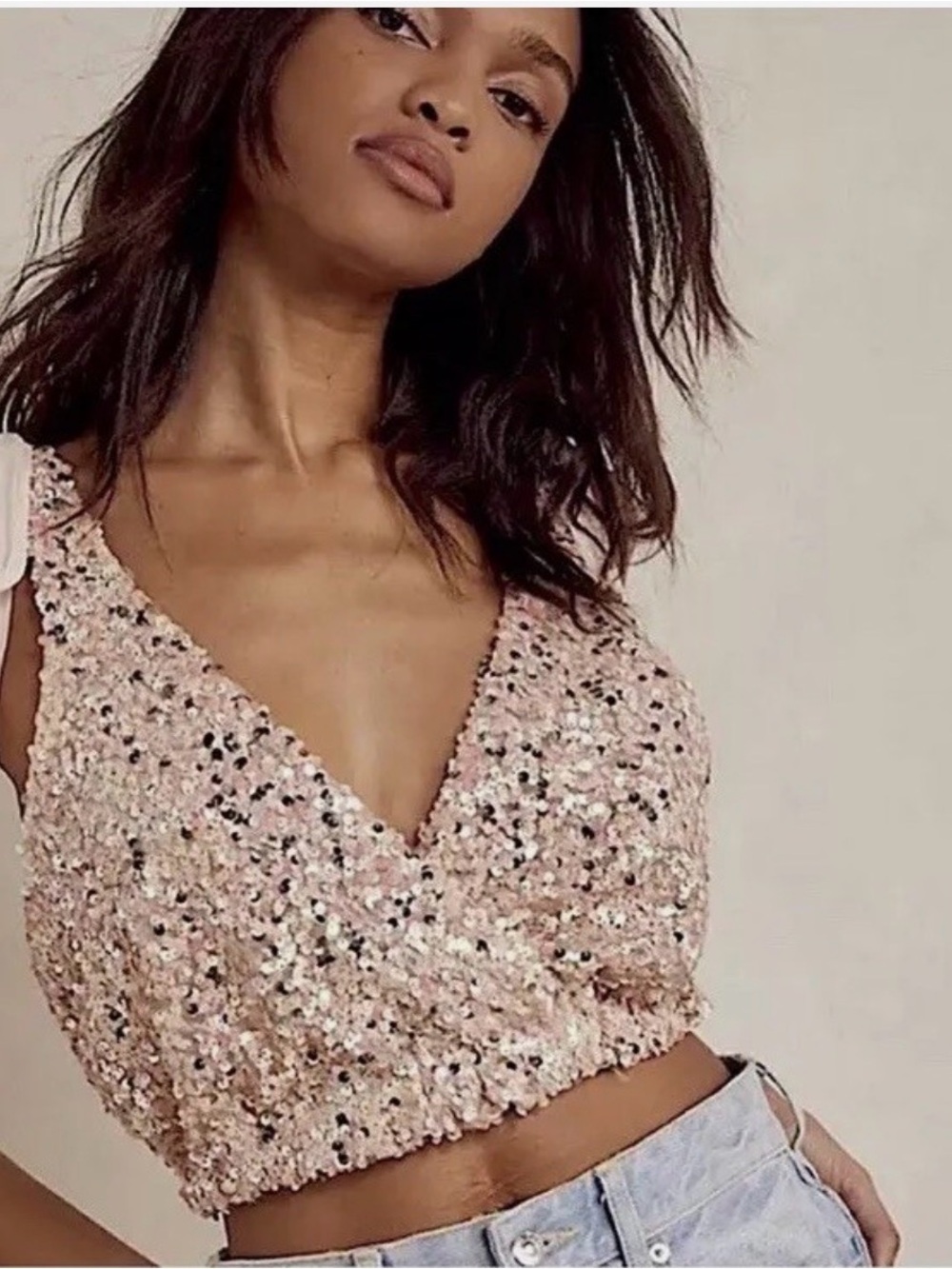 Free People Pink Sequin Tie-Strap Crop Top